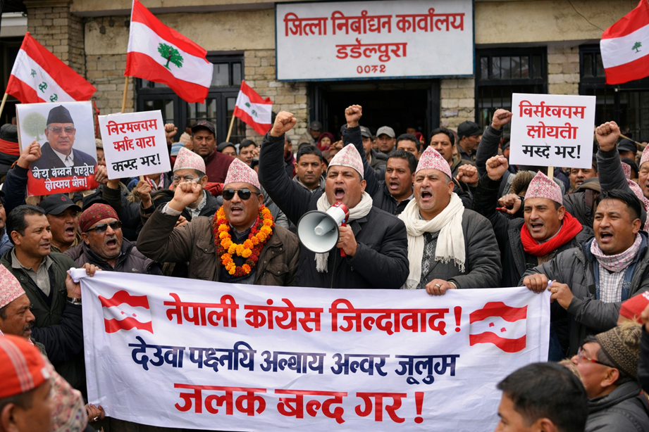 देउवाको जिल्लामा निर्वाचन कार्यालय अगाडी प्रदर्शन